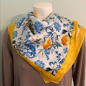 Floral Lemon Print Scarf with Yellow Border NEW Parisian vibe 26” sq
